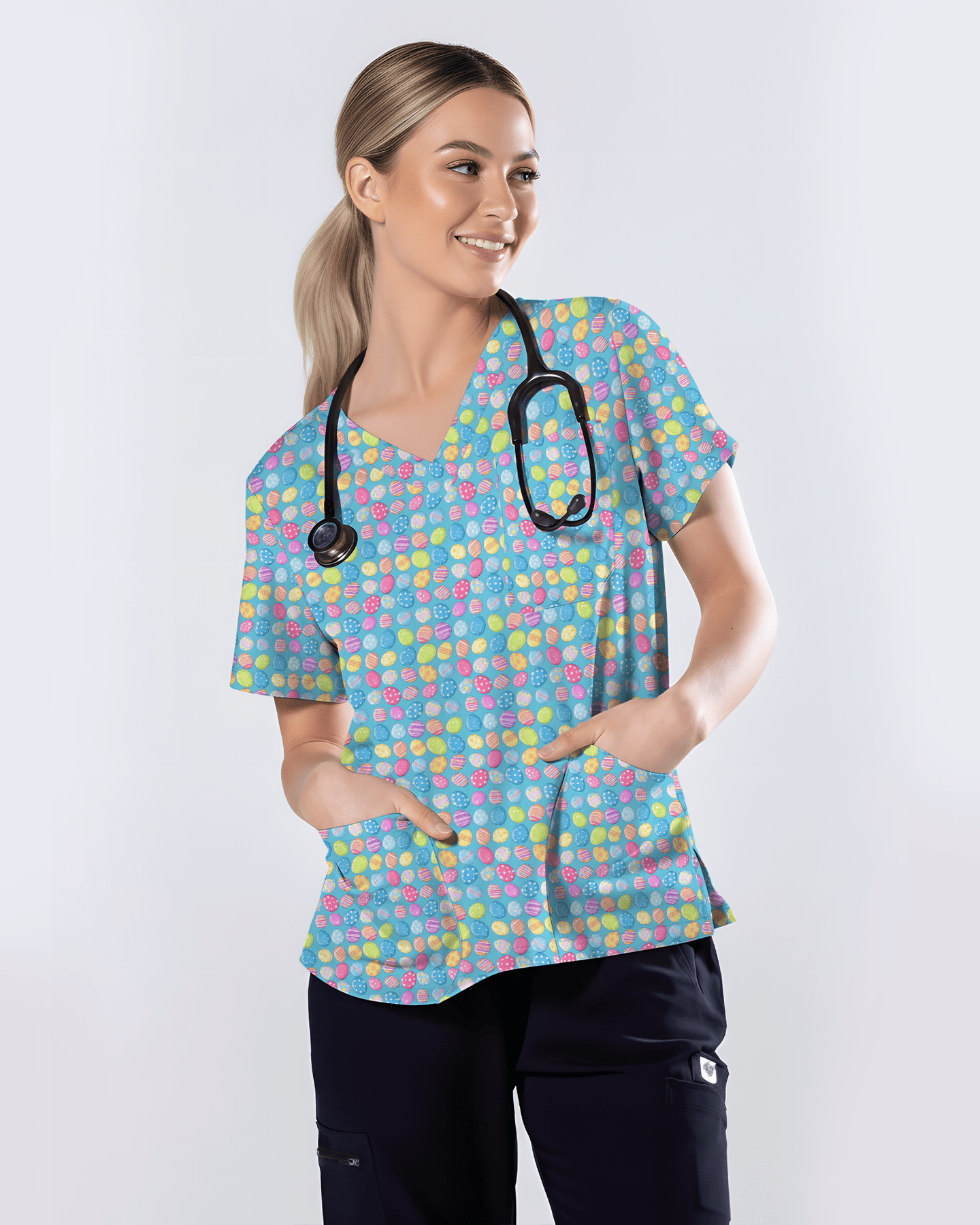 Colorful Easter Eggs Pastel Cute Nurse Scrub Top - Scrubloop