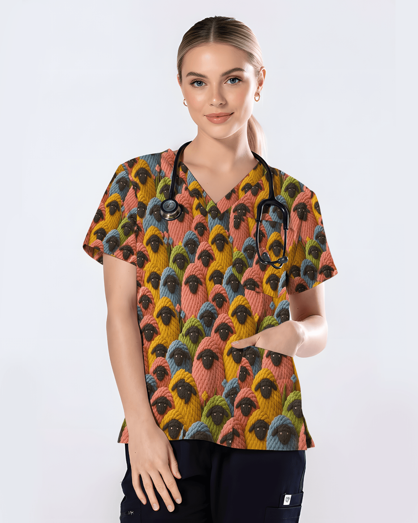 Colorful Knitted Yarn Sheep Nursing Scrub Top - Scrubloop