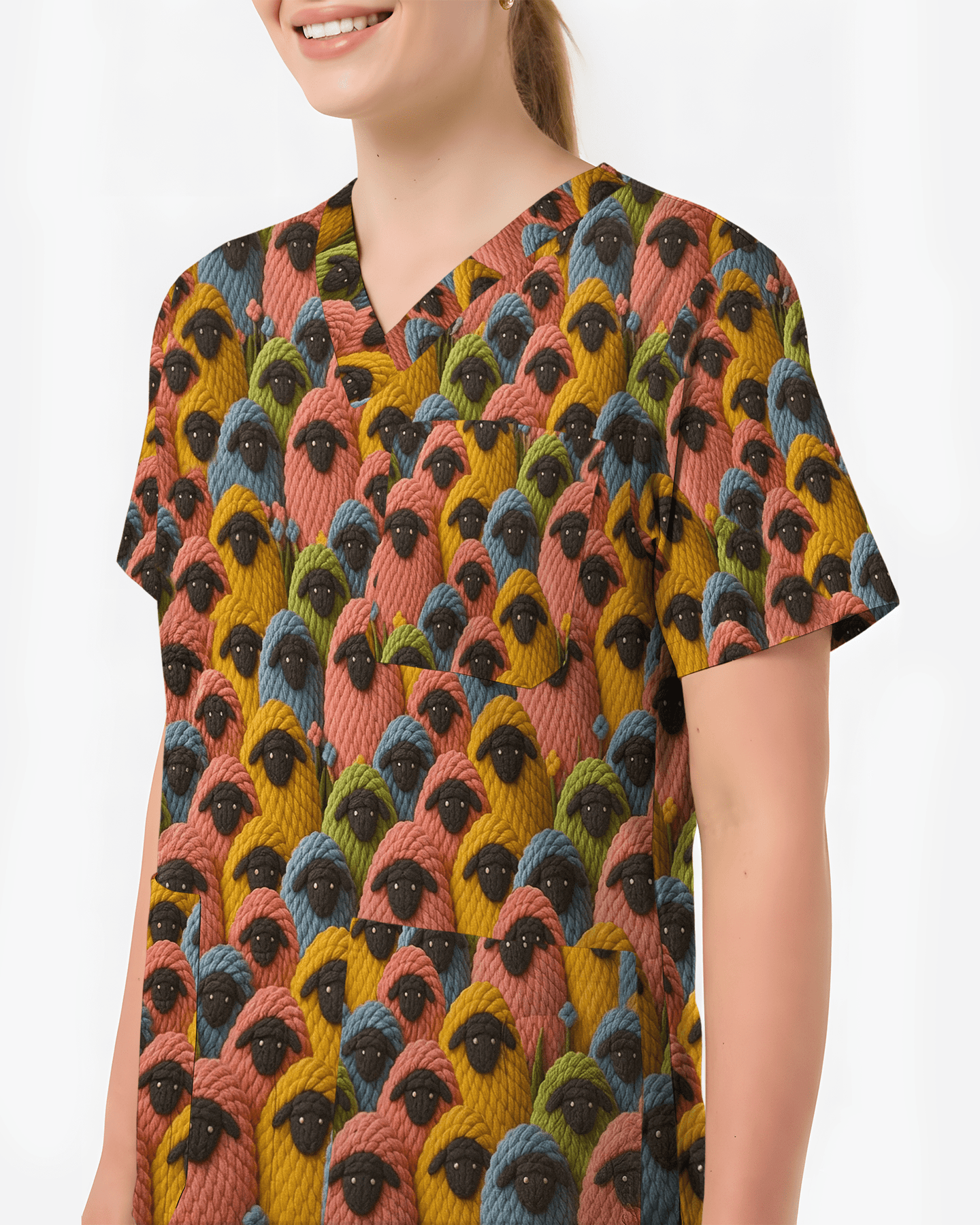 Colorful Knitted Yarn Sheep Nursing Scrub Top - Scrubloop