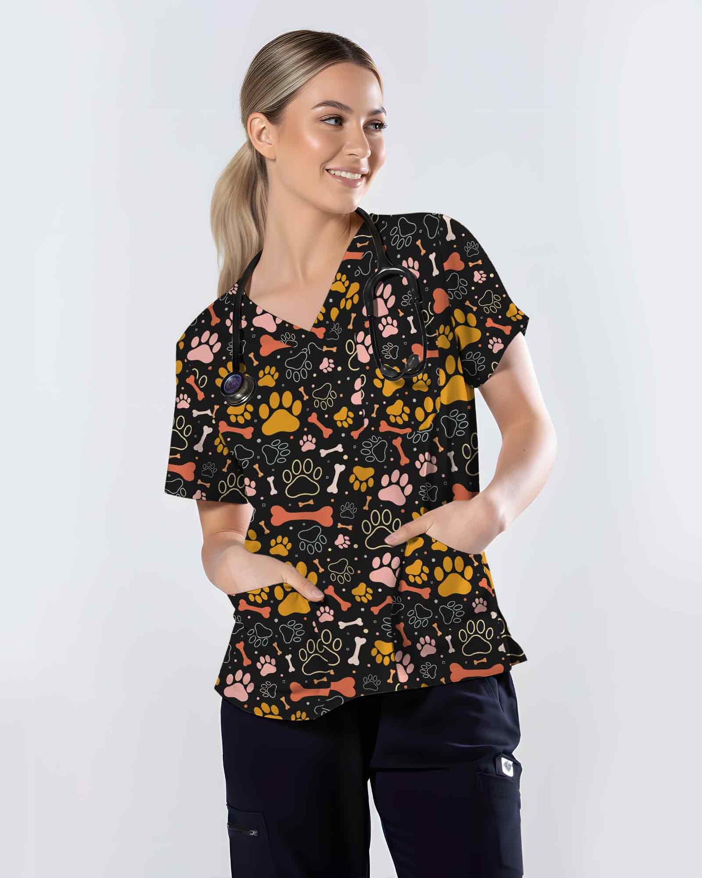 Colorful Paw Print Veterinary Scrub Top - Scrubloop