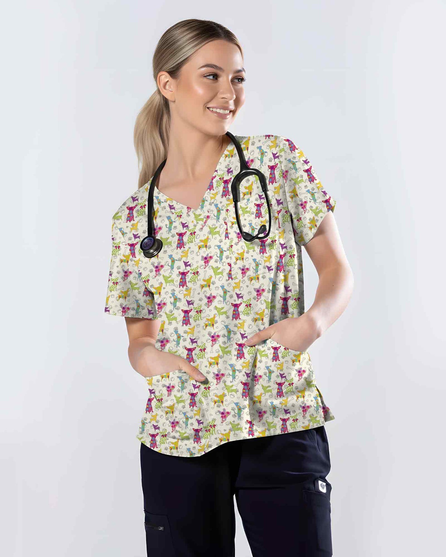 Colorful Playful Dog Scrub Top - Scrubloop