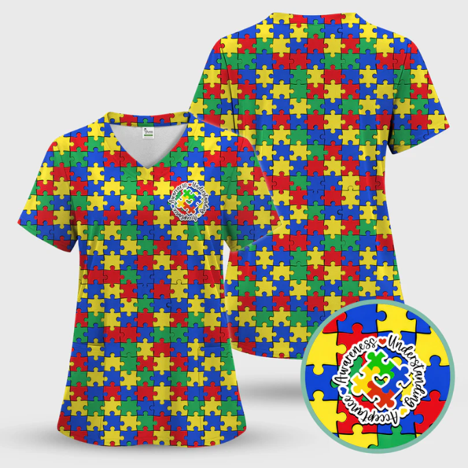 Colorful Puzzle Awareness Scrub Top