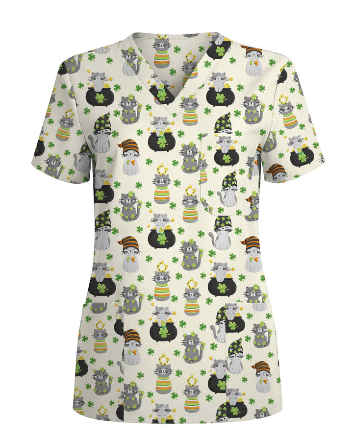 Cream St. Patrick's Day Cat Medical Scrub Top