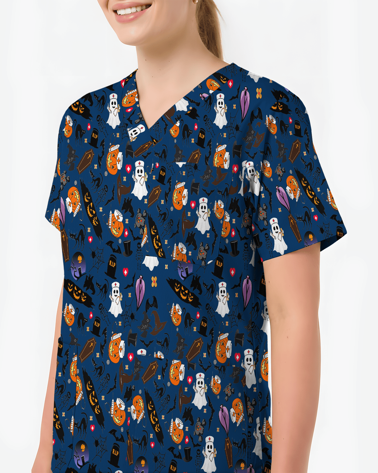 Creepy Cute Ghost Pumpkin Healthcare Scrub Top - Scrubloop