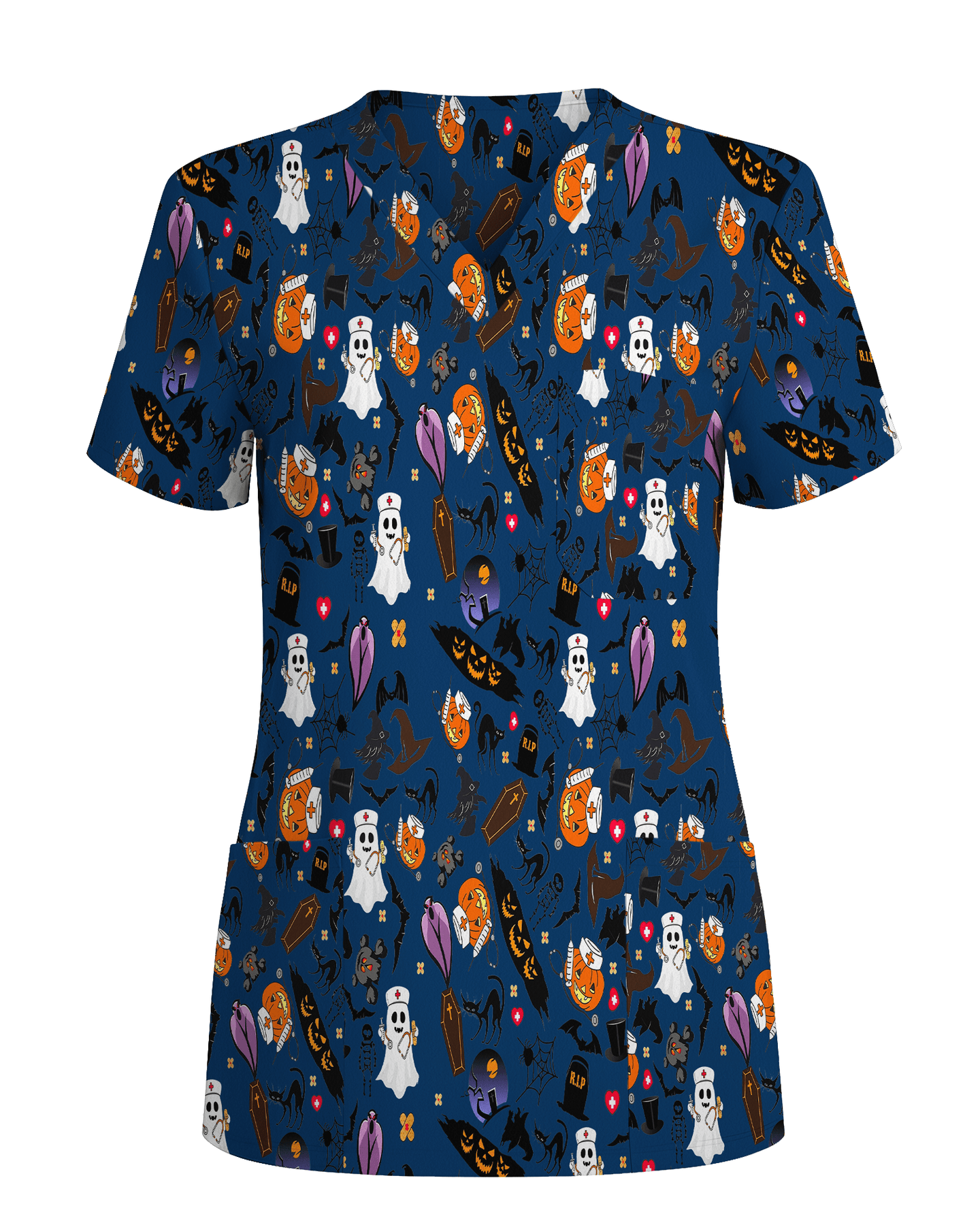 Creepy Cute Ghost Pumpkin Healthcare Scrub Top - Scrubloop