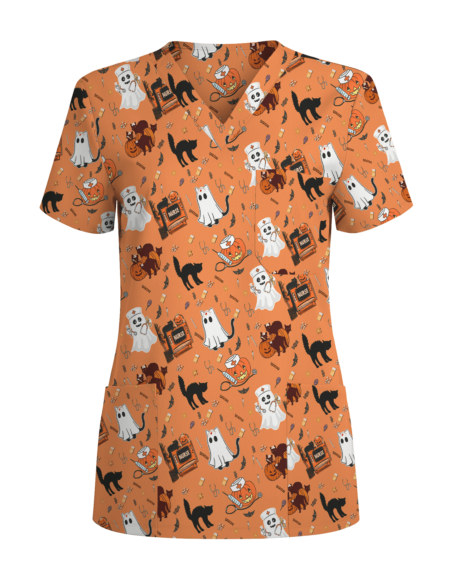 Creepy Cute Ghost Pumpkin Healthcare Scrub Top - Scrubloop