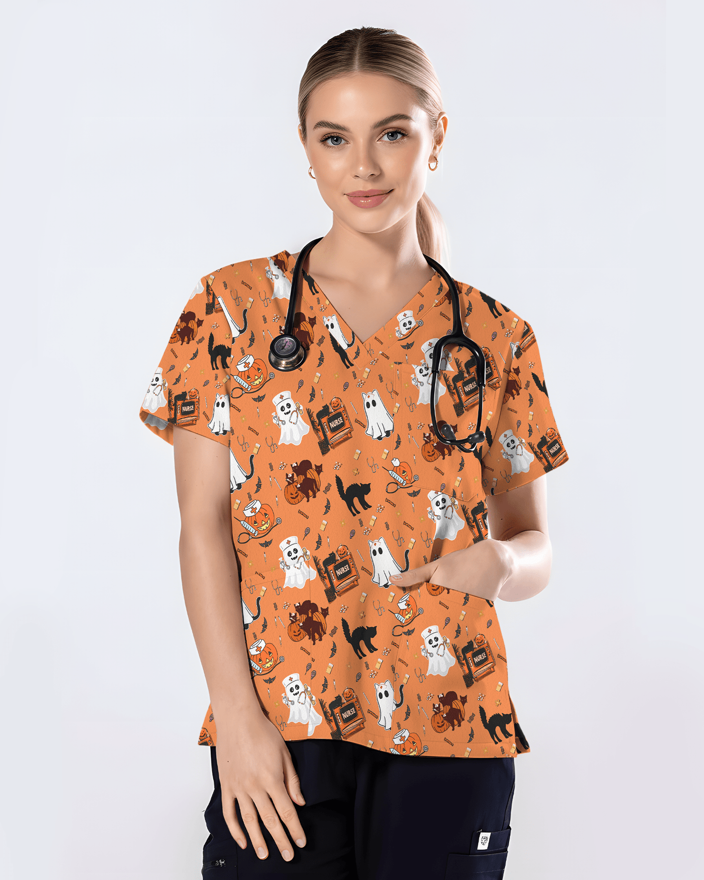 Creepy Cute Ghost Pumpkin Healthcare Scrub Top - Scrubloop