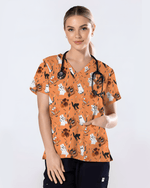 Creepy Cute Ghost Pumpkin Healthcare Scrub Top - Scrubloop