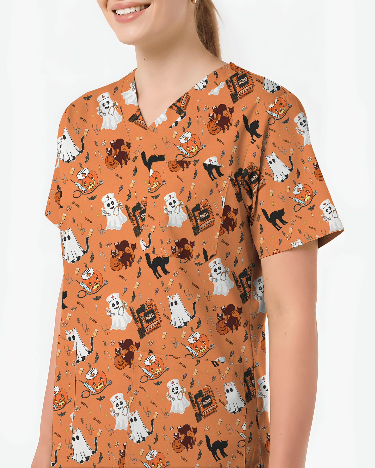 Creepy Cute Ghost Pumpkin Healthcare Scrub Top - Scrubloop