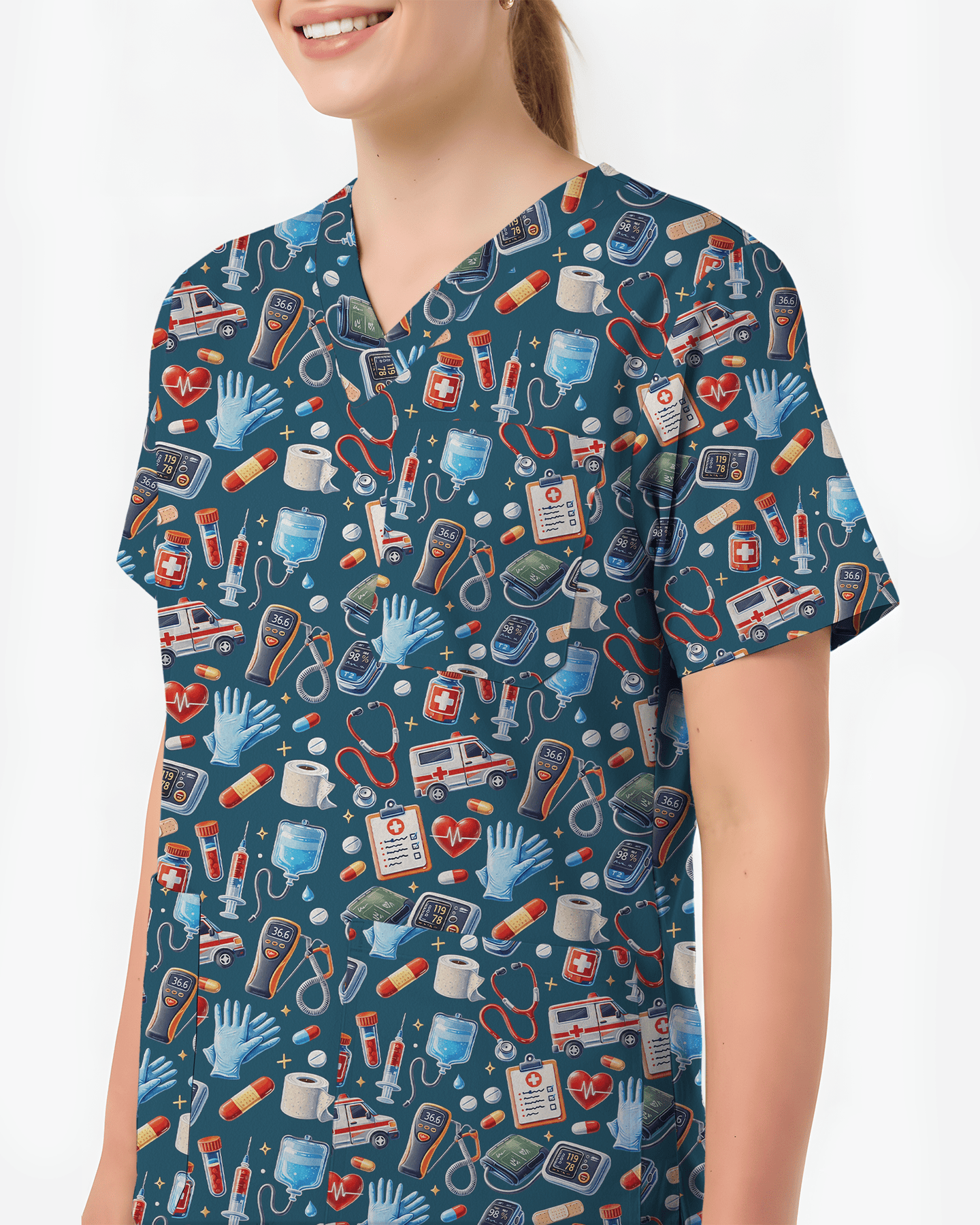 Cute Ambulance and Stethoscope Medical Scrub Top - Scrubloop