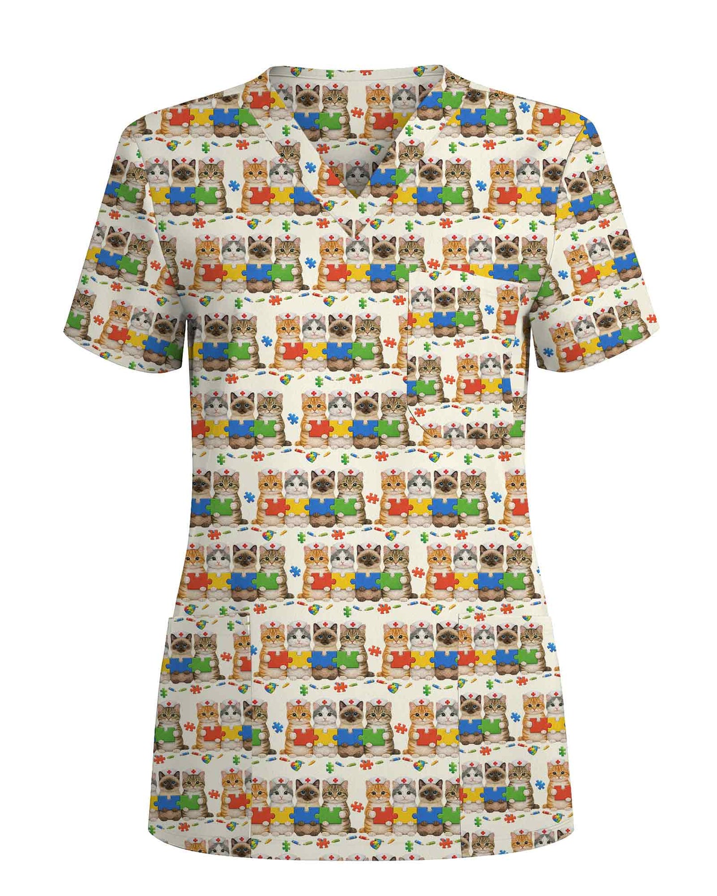 Cute Autism Awareness Cat Nurse Medical Scrub Top - Scrubloop