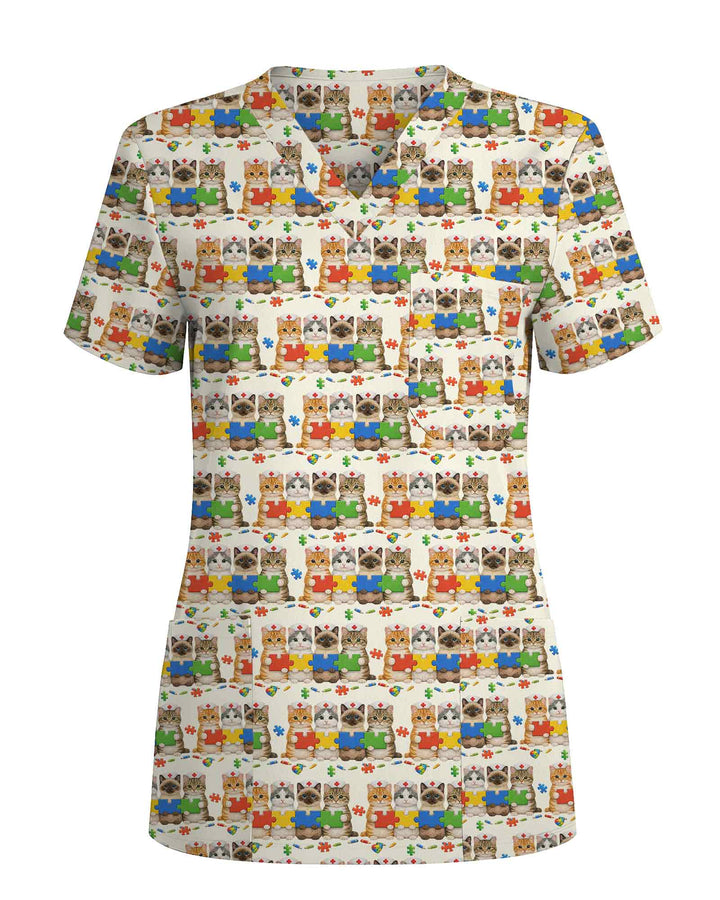 Cute Autism Awareness Cat Nurse Medical Scrub Top