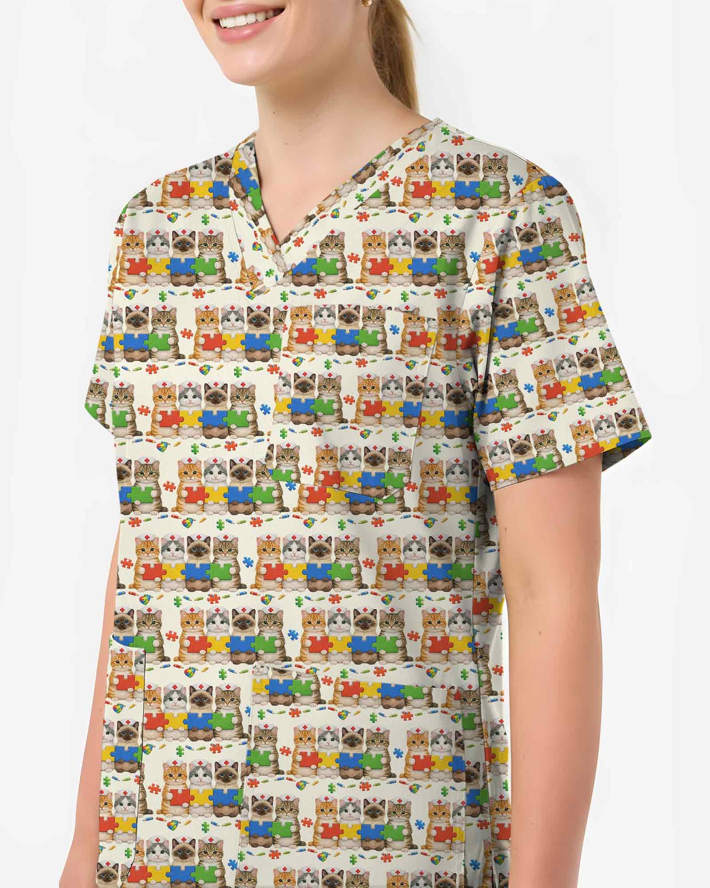 Cute Autism Awareness Cat Nurse Medical Scrub Top - Scrubloop