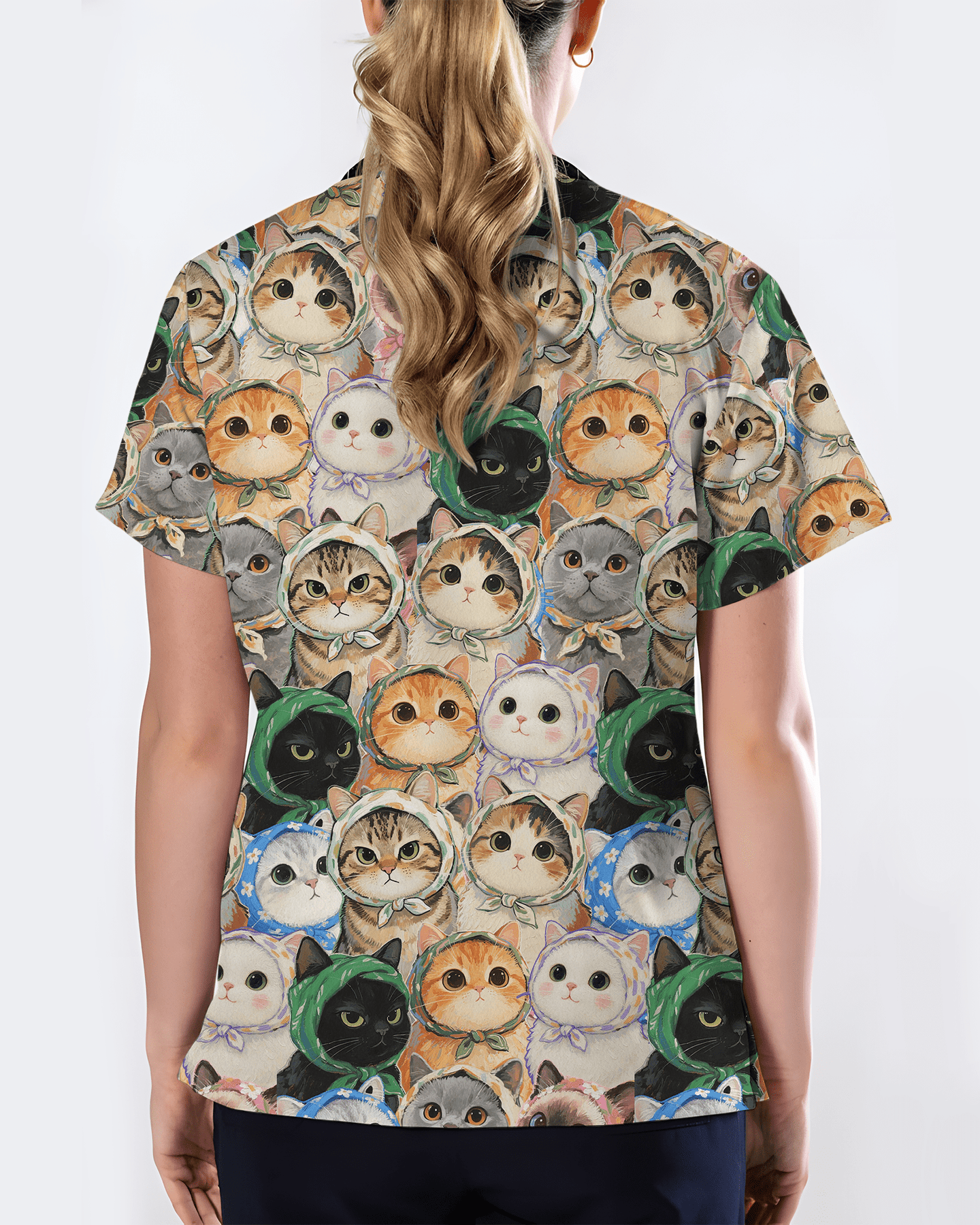Cute Babushka Cat Headscarf Nurse Scrub Top - Scrubloop