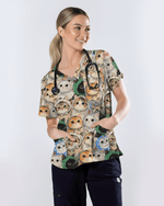 Cute Babushka Cat Headscarf Nurse Scrub Top - Scrubloop