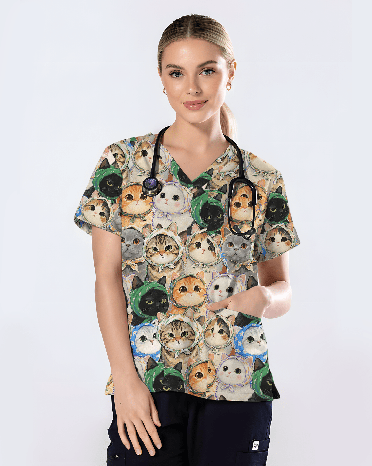 Cute Babushka Cat Headscarf Nurse Scrub Top - Scrubloop