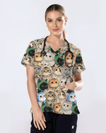 Cute Babushka Cat Headscarf Nurse Scrub Top - Scrubloop