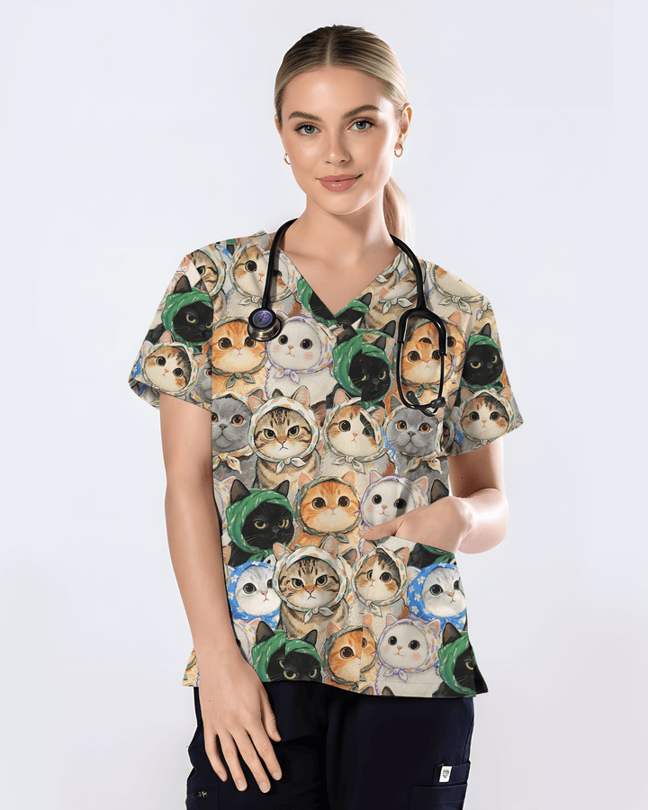 Cute Babushka Cat Headscarf Nurse Scrub Top