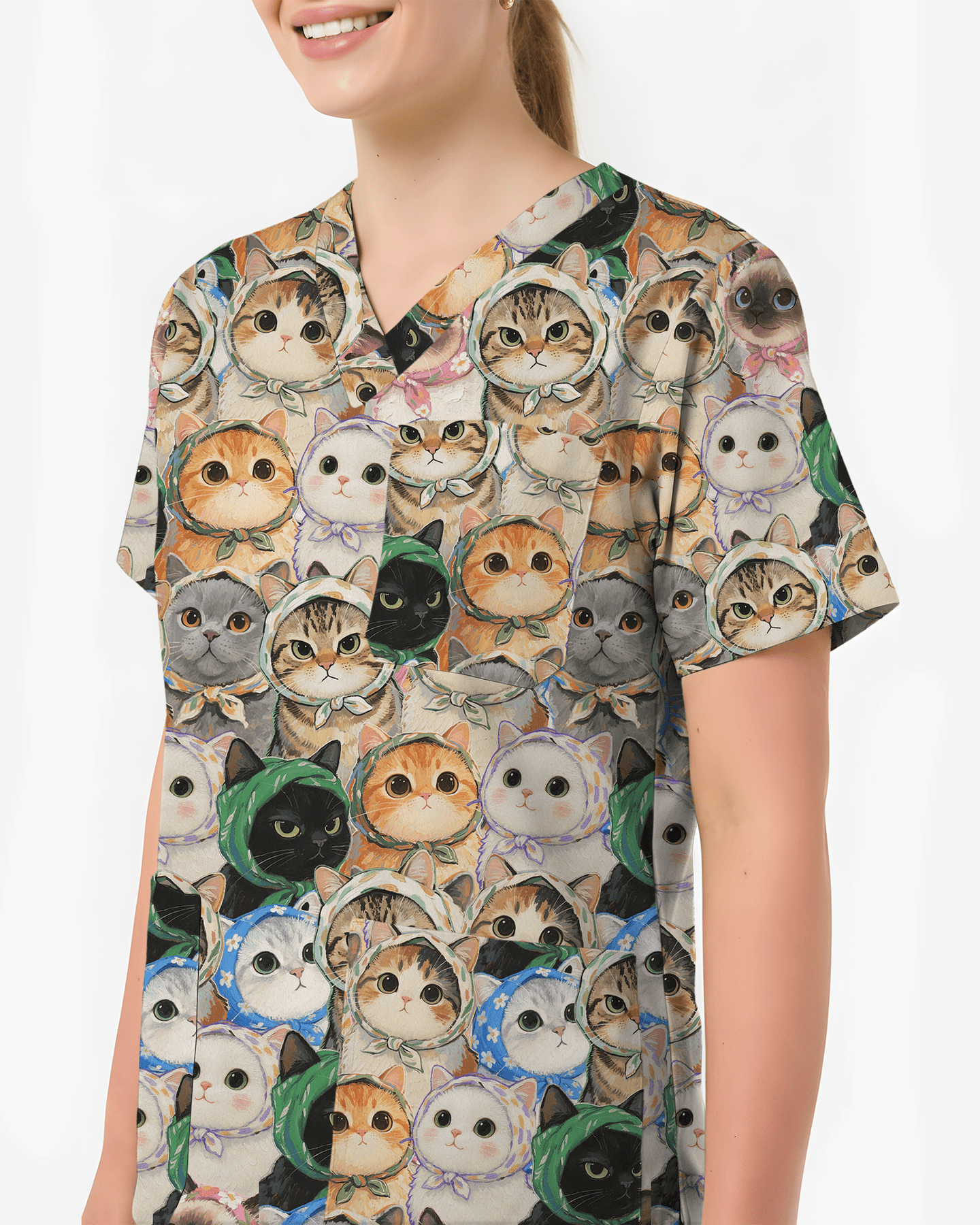 Cute Babushka Cat Headscarf Nurse Scrub Top - Scrubloop