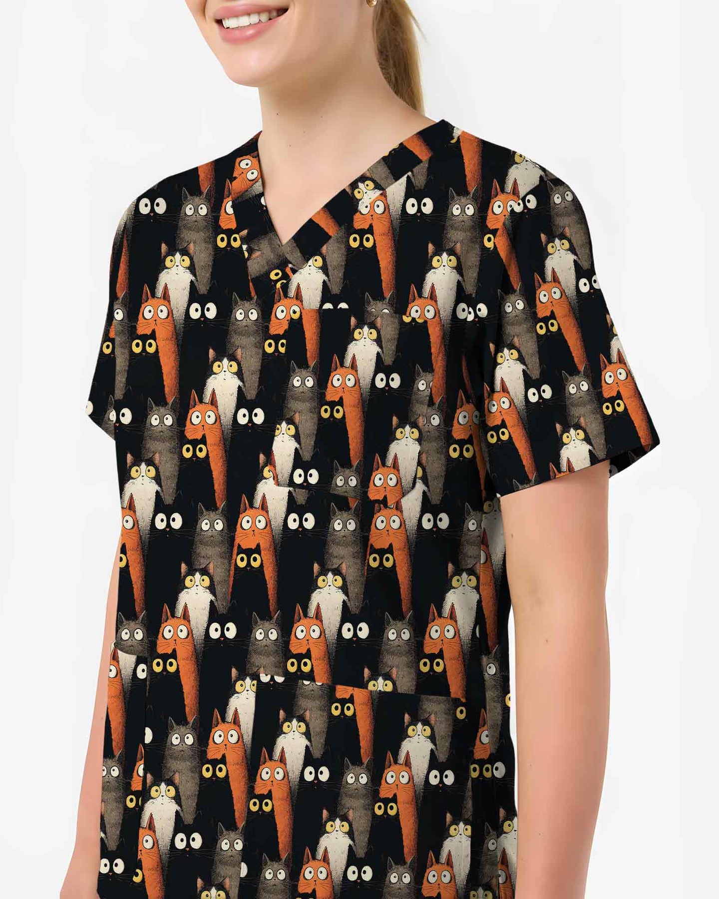 Cute Black And Orange Cat Lover Scrub Top - Scrubloop