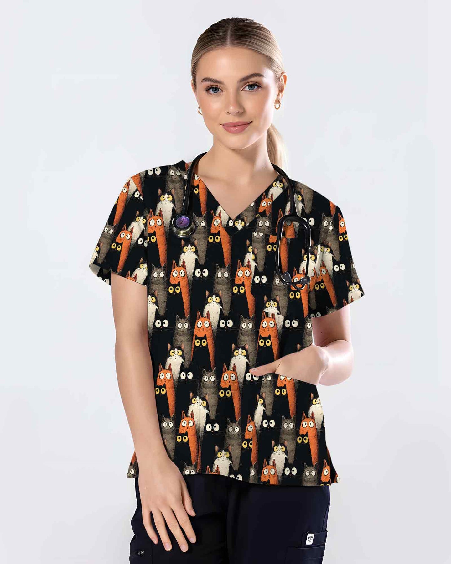 Cute Black And Orange Cat Lover Scrub Top - Scrubloop