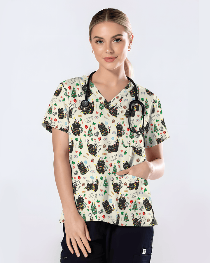 Cute Black Cat Christmas Medical Scrub Top