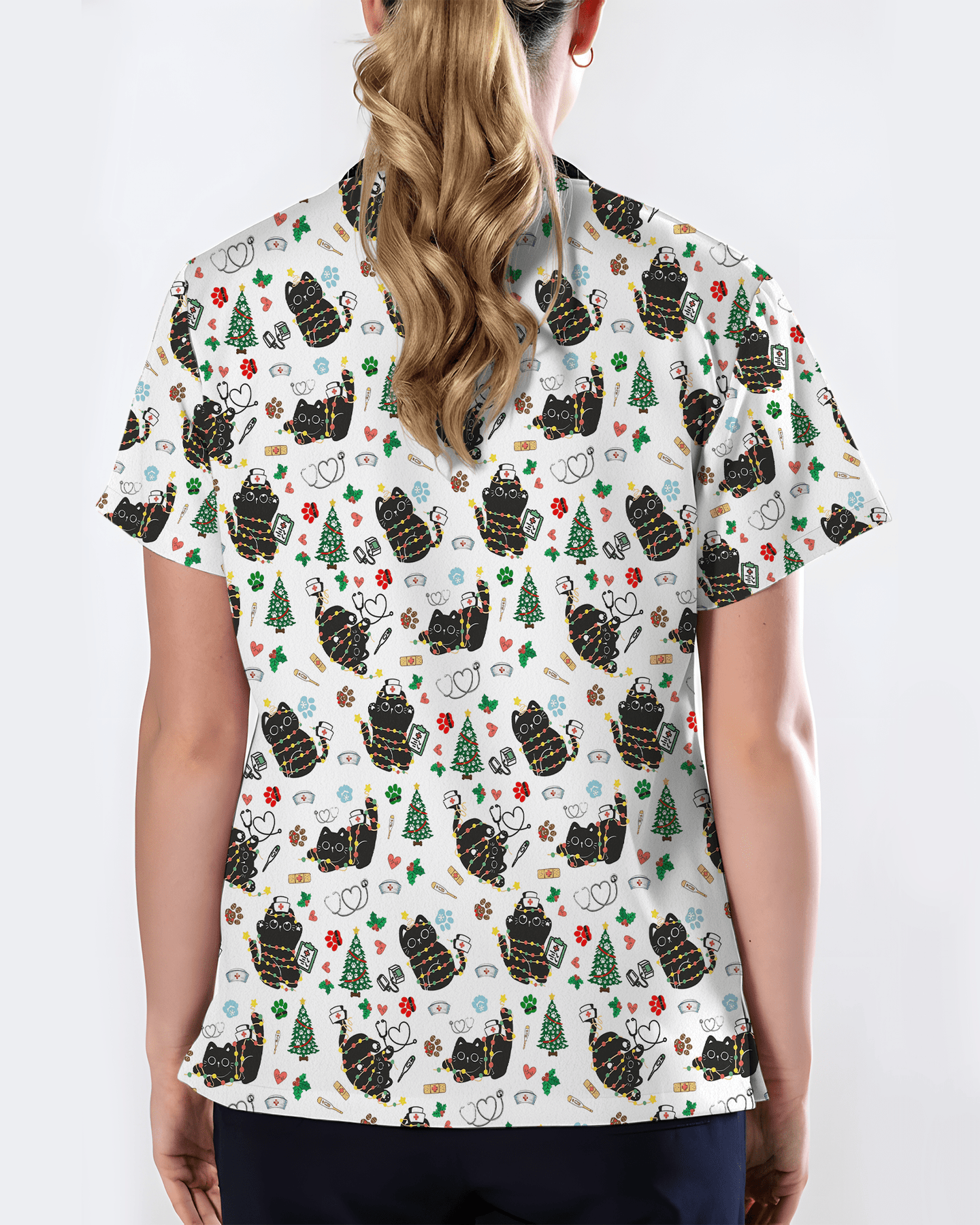 Cute Black Cat Christmas Medical Scrub Top - Scrubloop