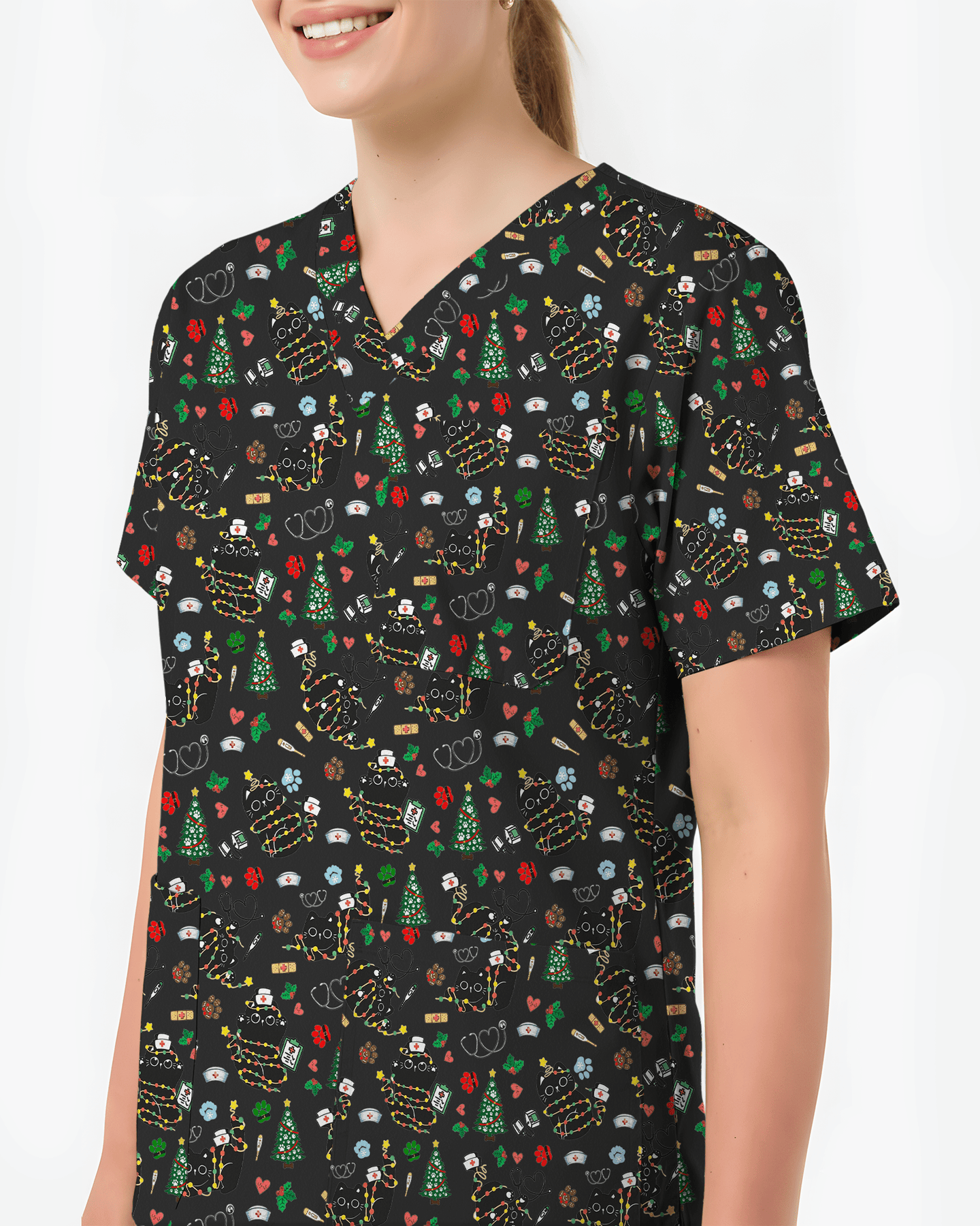 Cute Black Cat Christmas Medical Scrub Top - Scrubloop