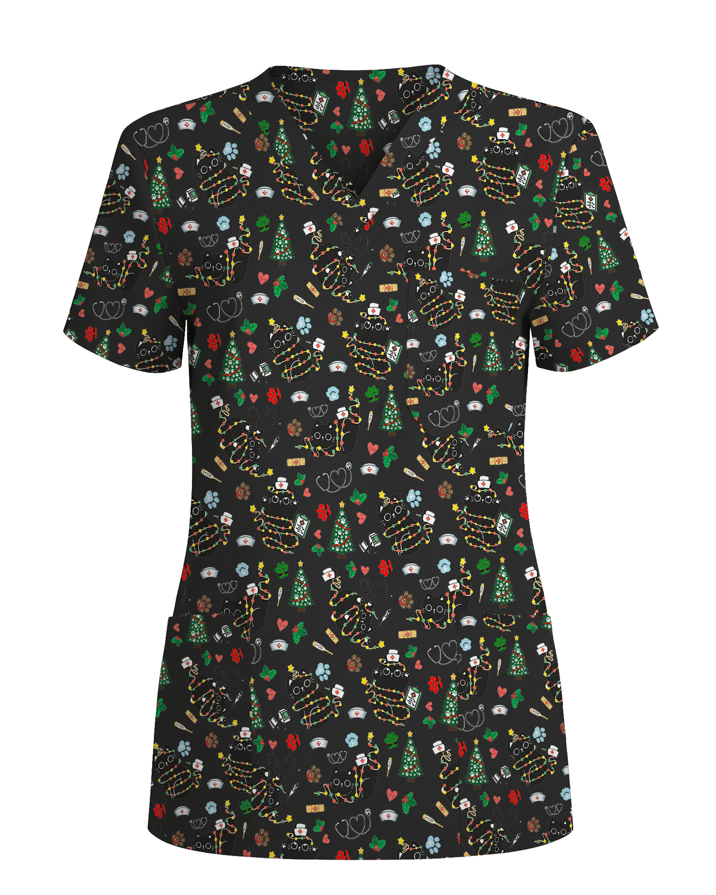 Cute Black Cat Christmas Medical Scrub Top - Scrubloop