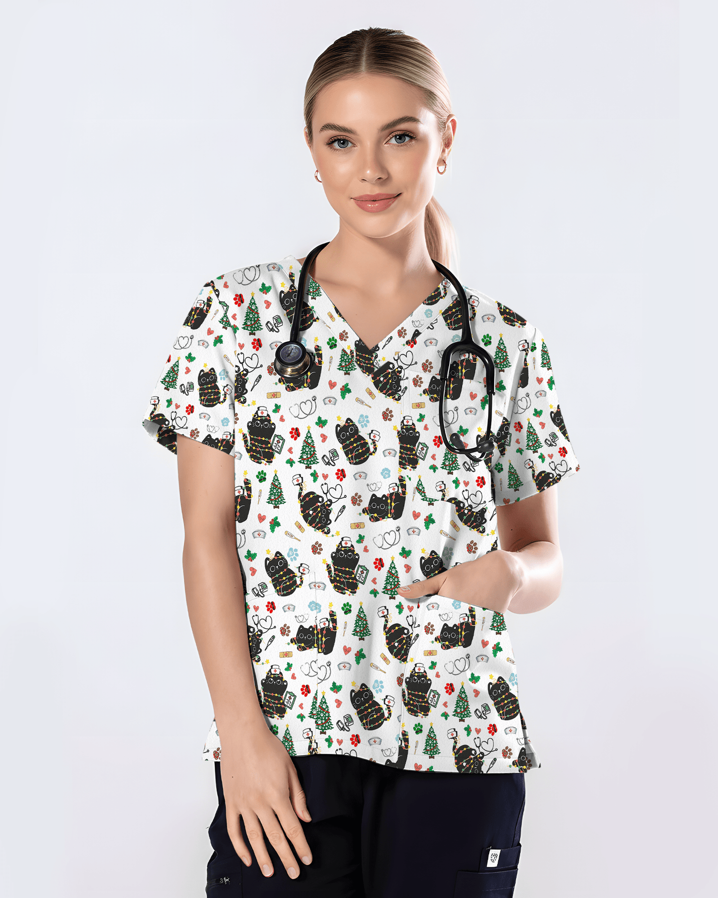 Cute Black Cat Christmas Medical Scrub Top - Scrubloop