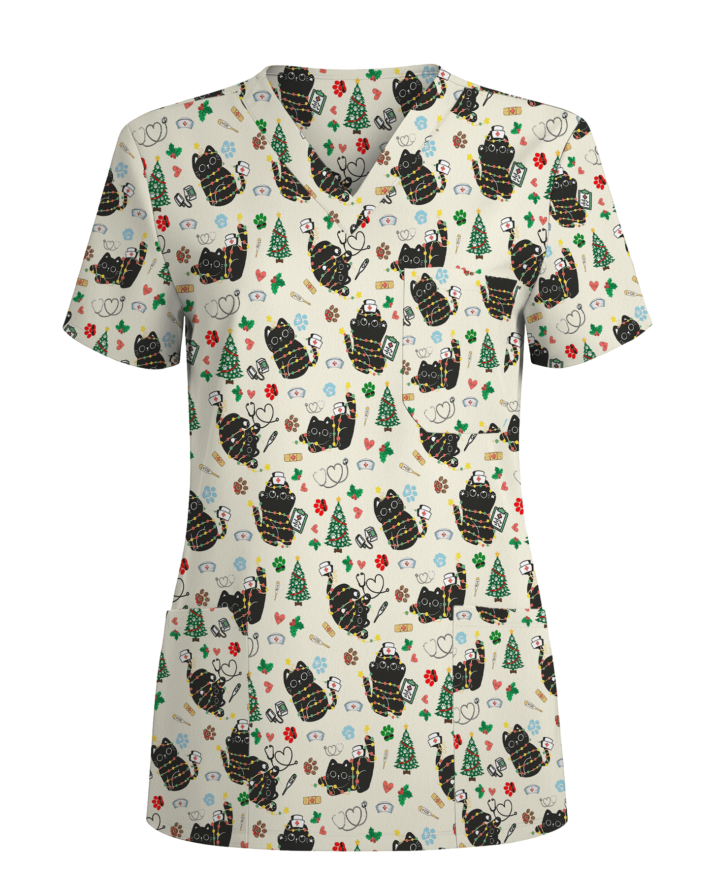 Cute Black Cat Christmas Medical Scrub Top - Scrubloop