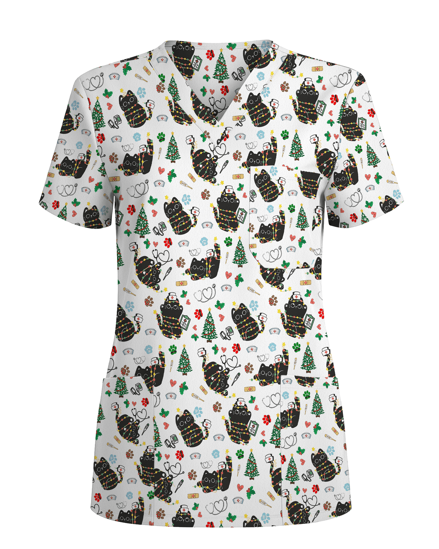 Cute Black Cat Christmas Medical Scrub Top - Scrubloop