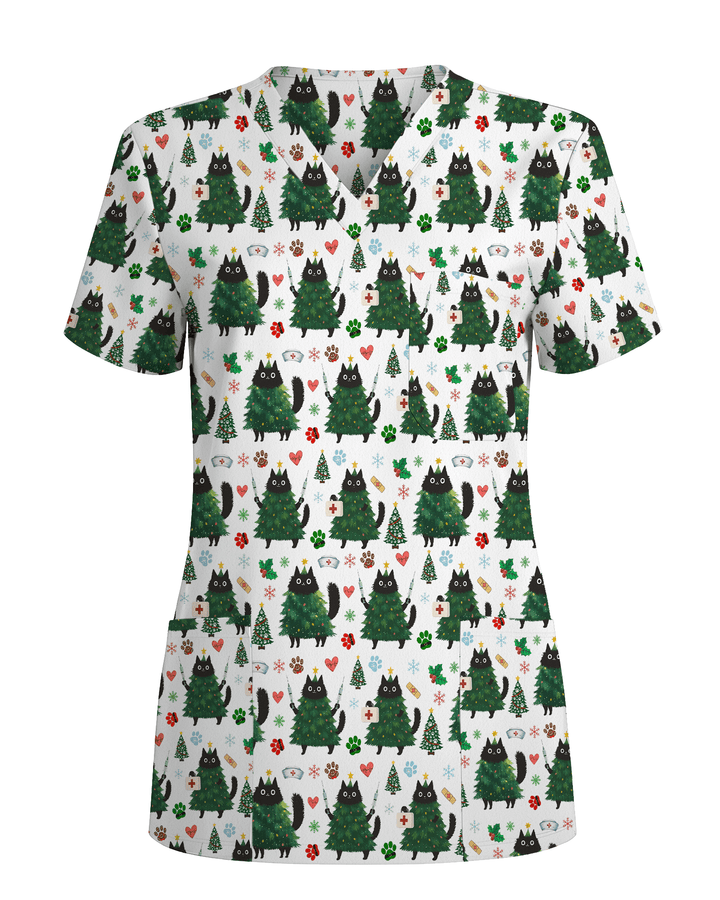 Cute Black Cat Christmas Tree Nurse Scrub Top