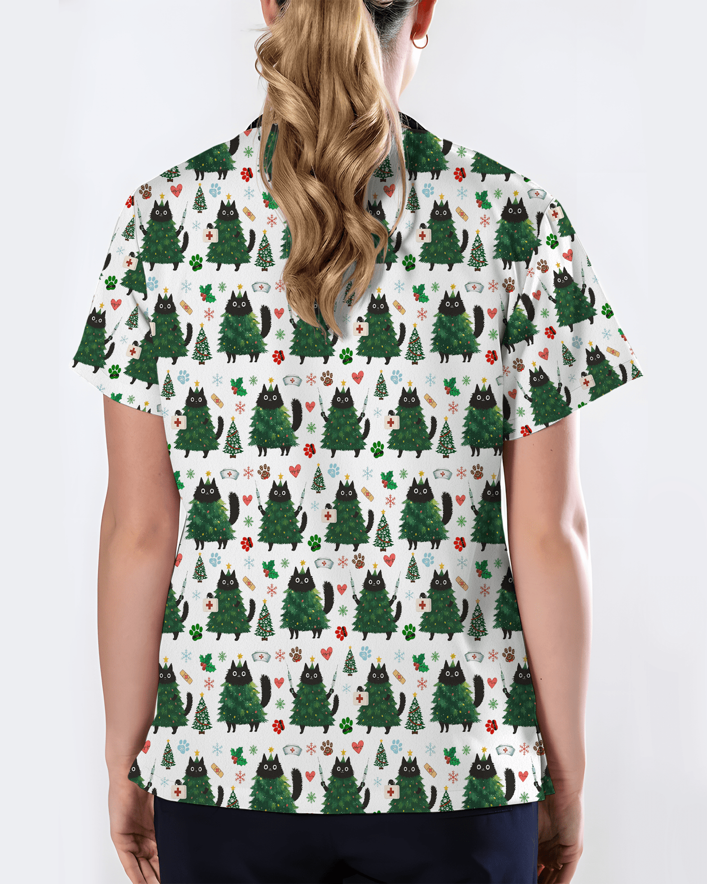Cute Black Cat Christmas Tree Nurse Scrub Top - Scrubloop