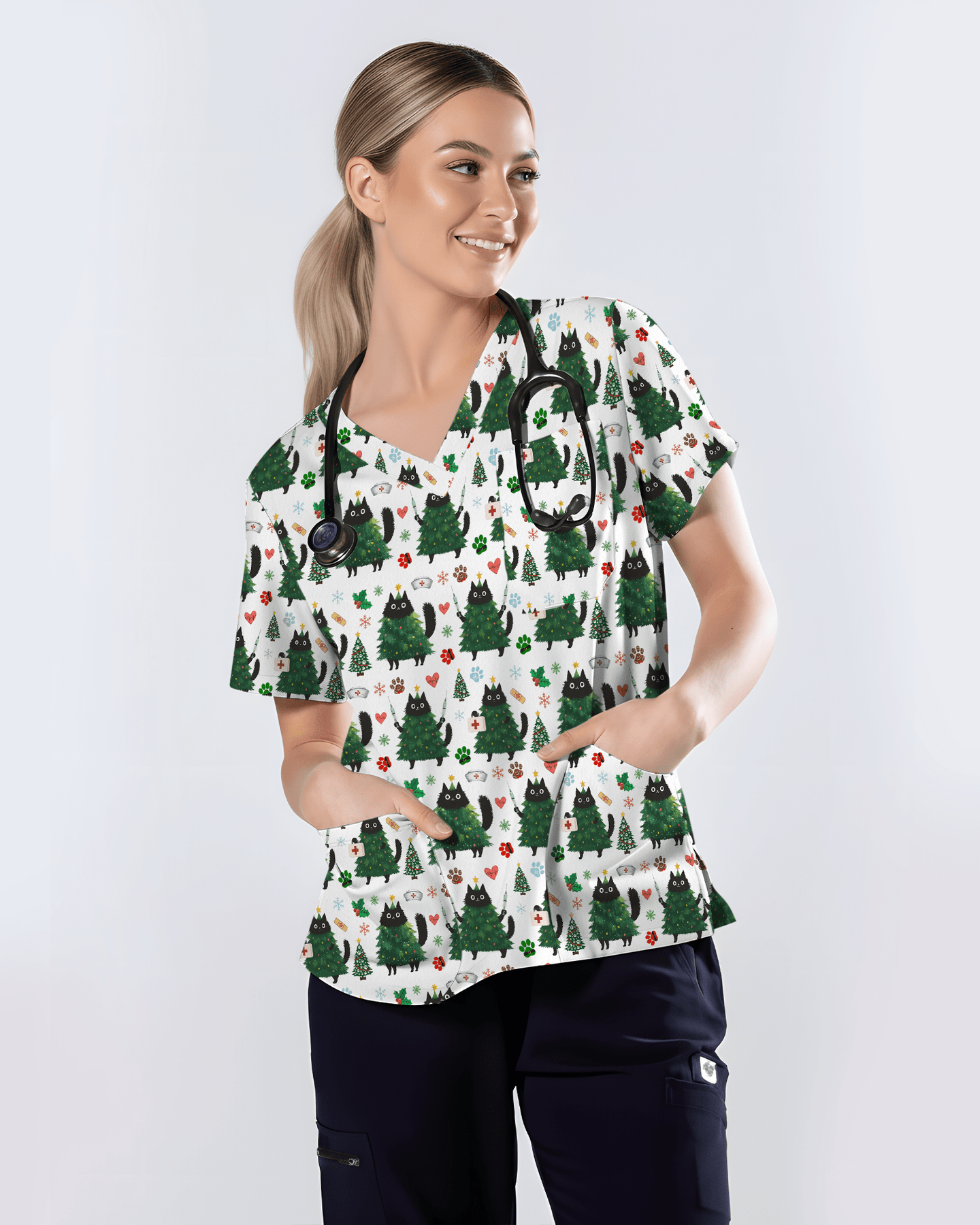Cute Black Cat Christmas Tree Nurse Scrub Top - Scrubloop