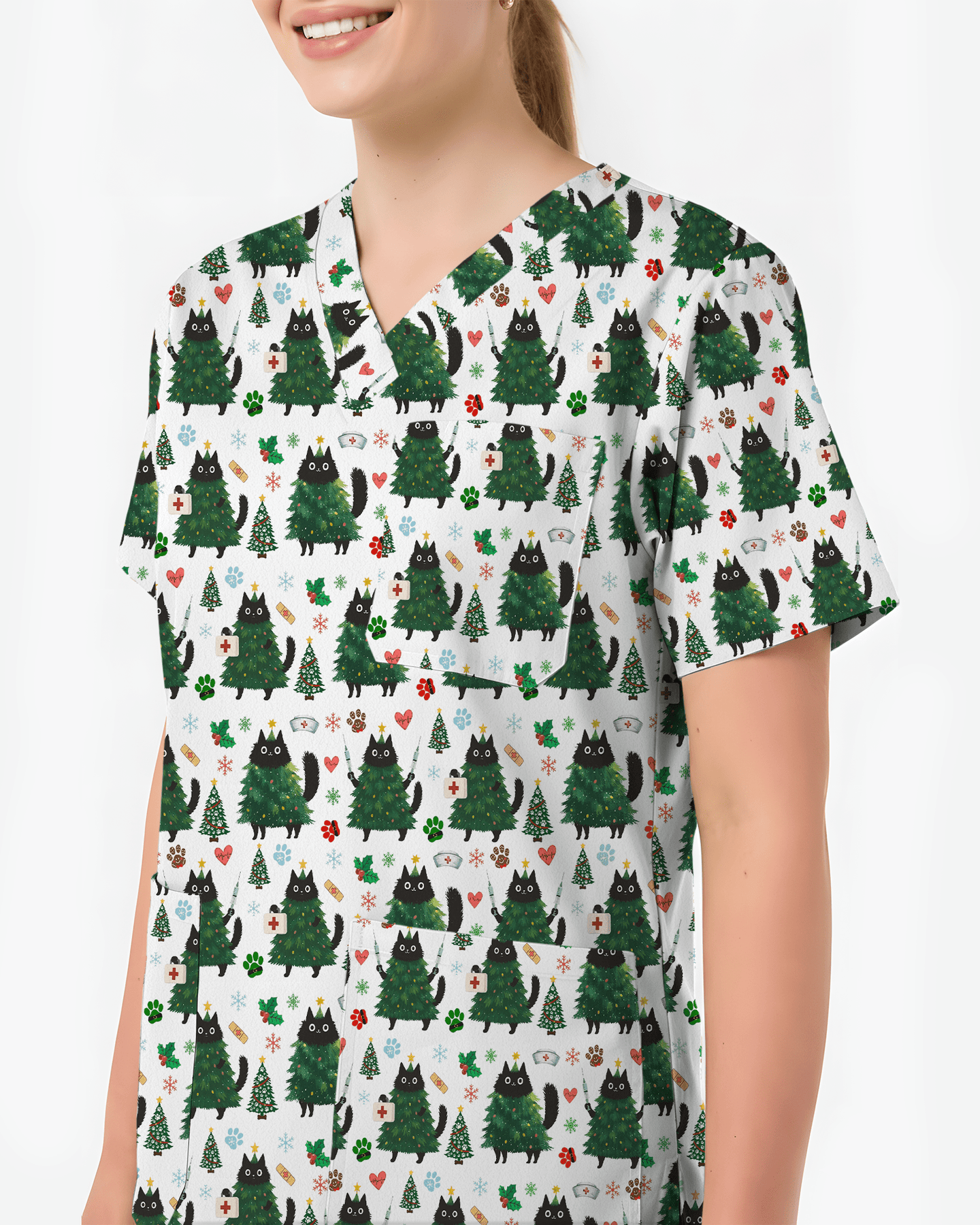 Cute Black Cat Christmas Tree Nurse Scrub Top - Scrubloop