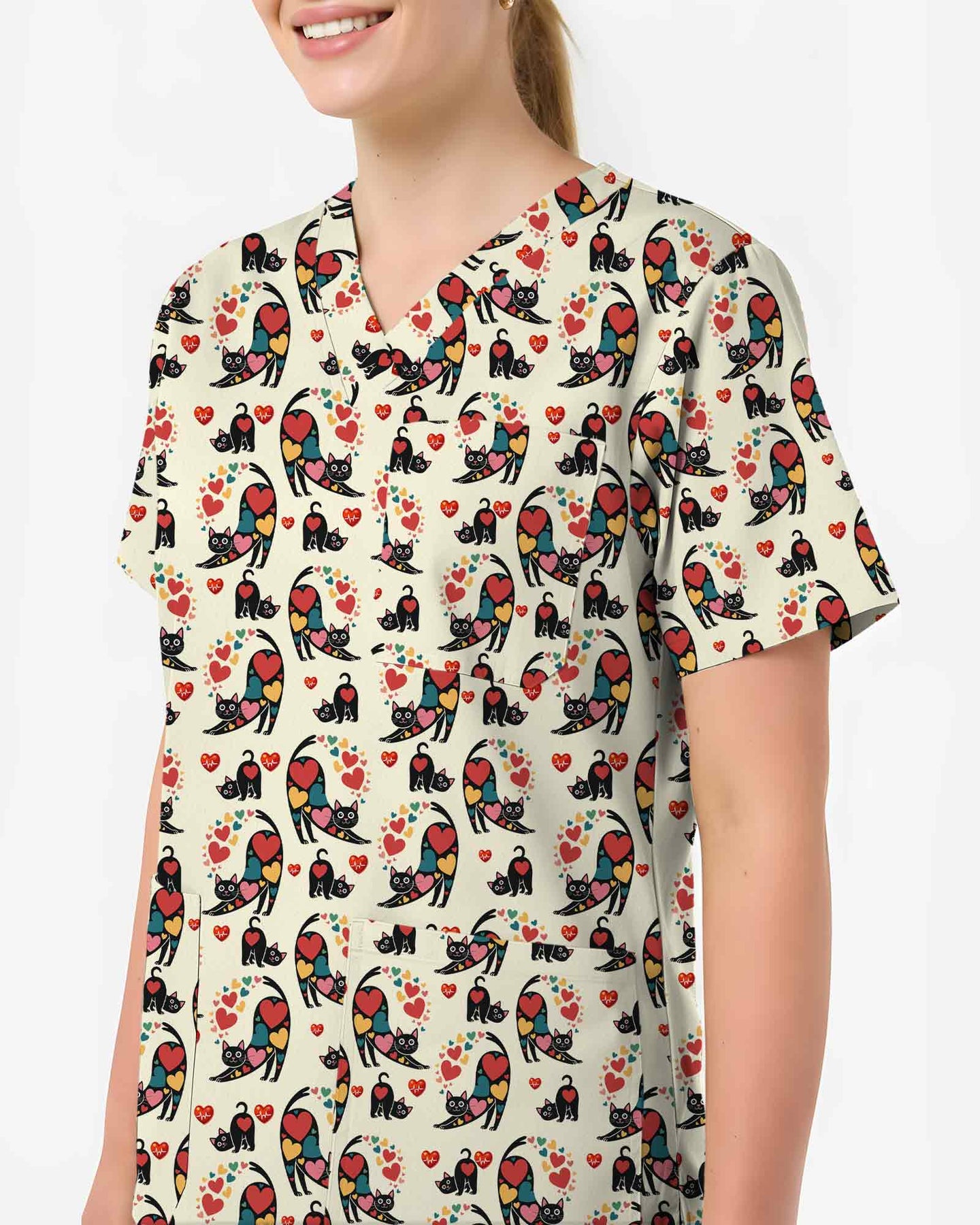 Cute Black Cat Heart EKG Scrub Top - Scrubloop