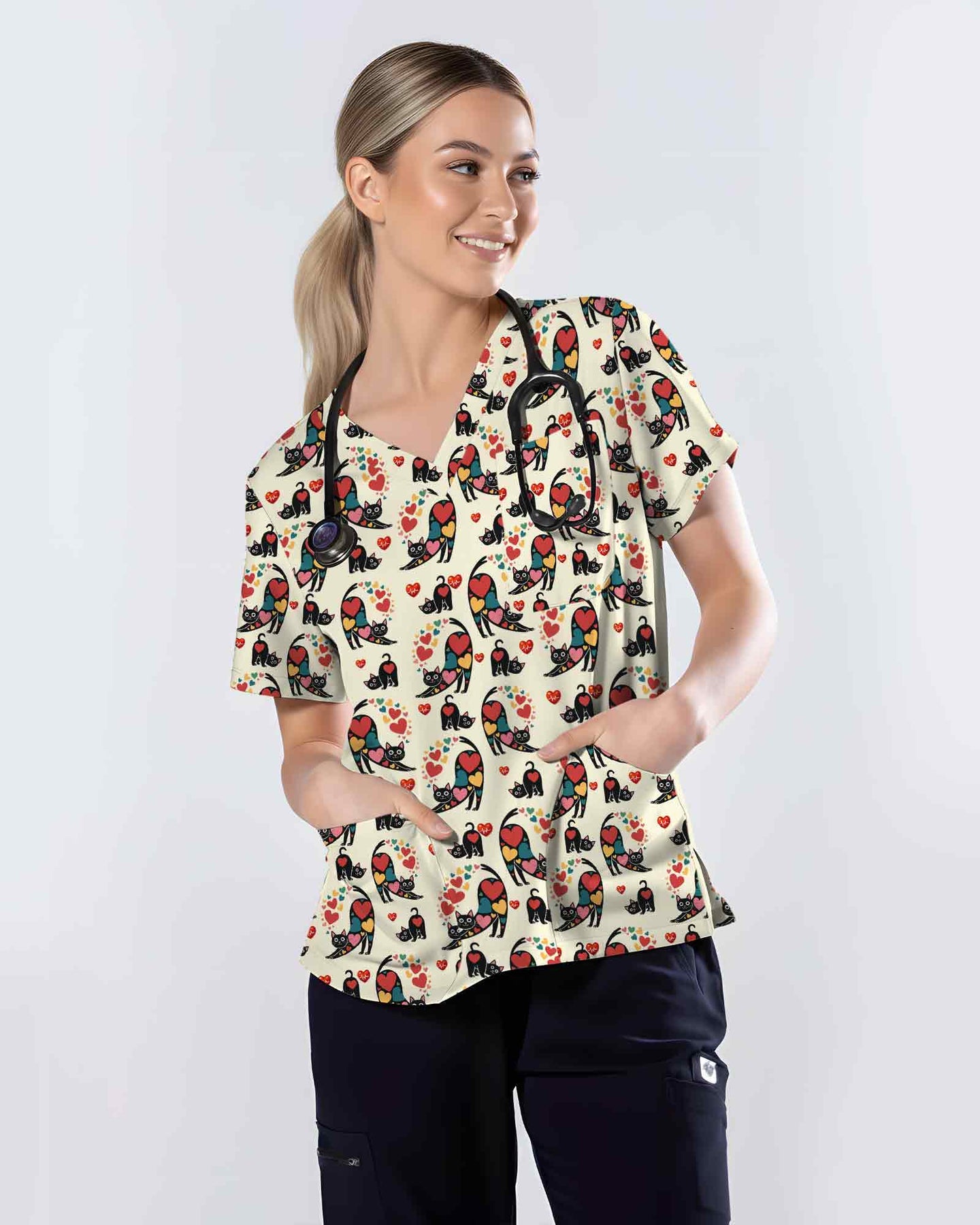 Cute Black Cat Heart EKG Scrub Top - Scrubloop