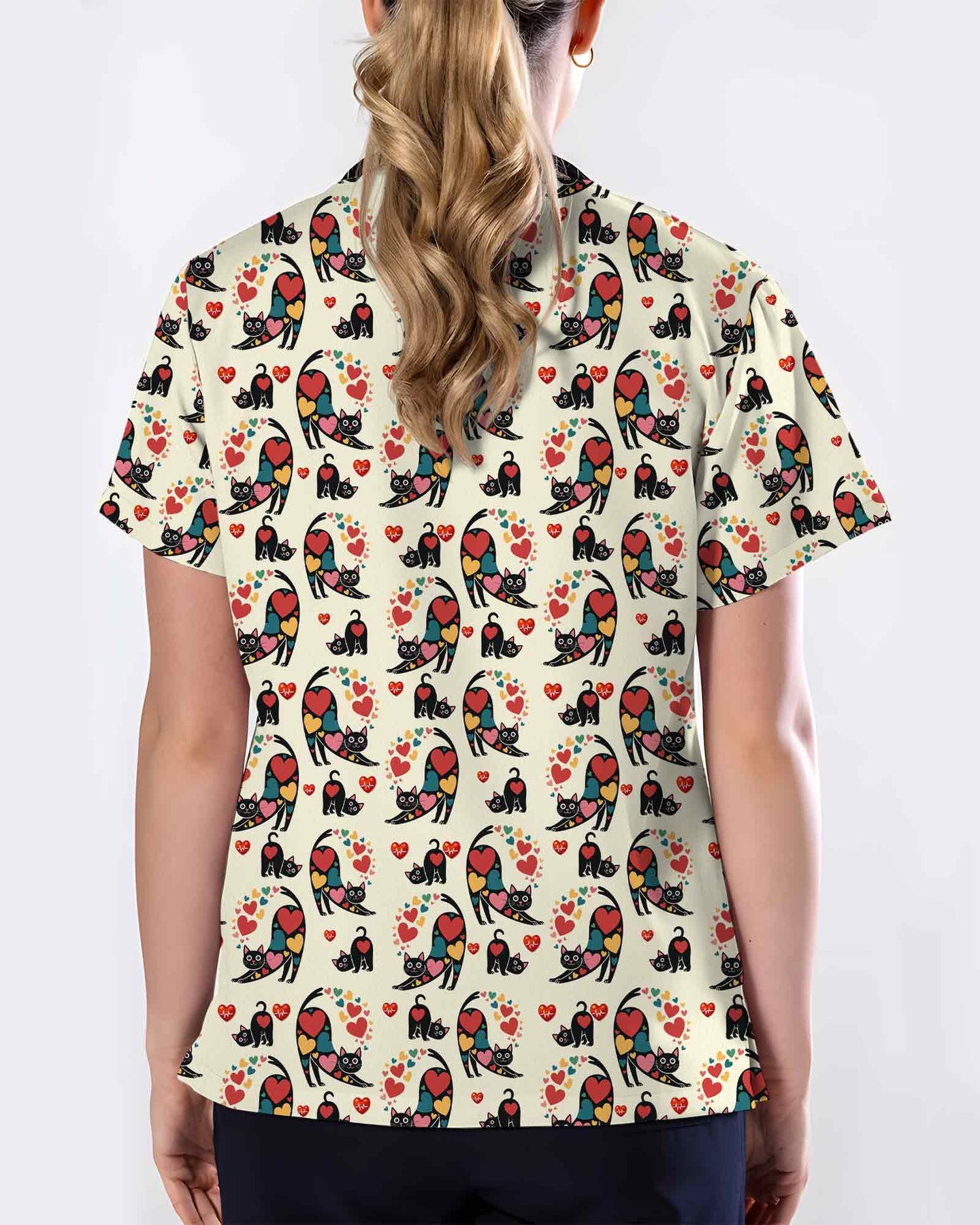Cute Black Cat Heart EKG Scrub Top - Scrubloop