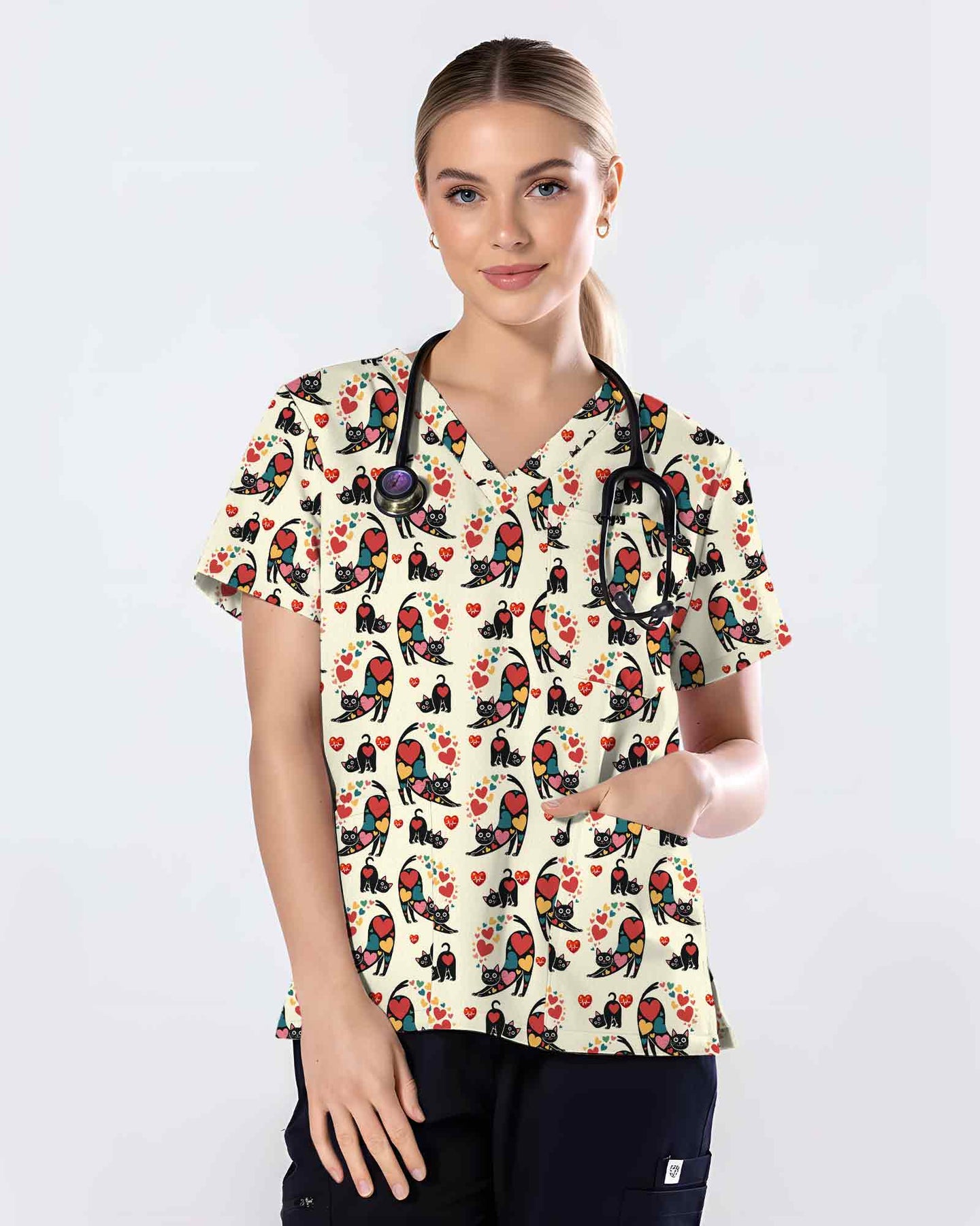 Cute Black Cat Heart EKG Scrub Top - Scrubloop