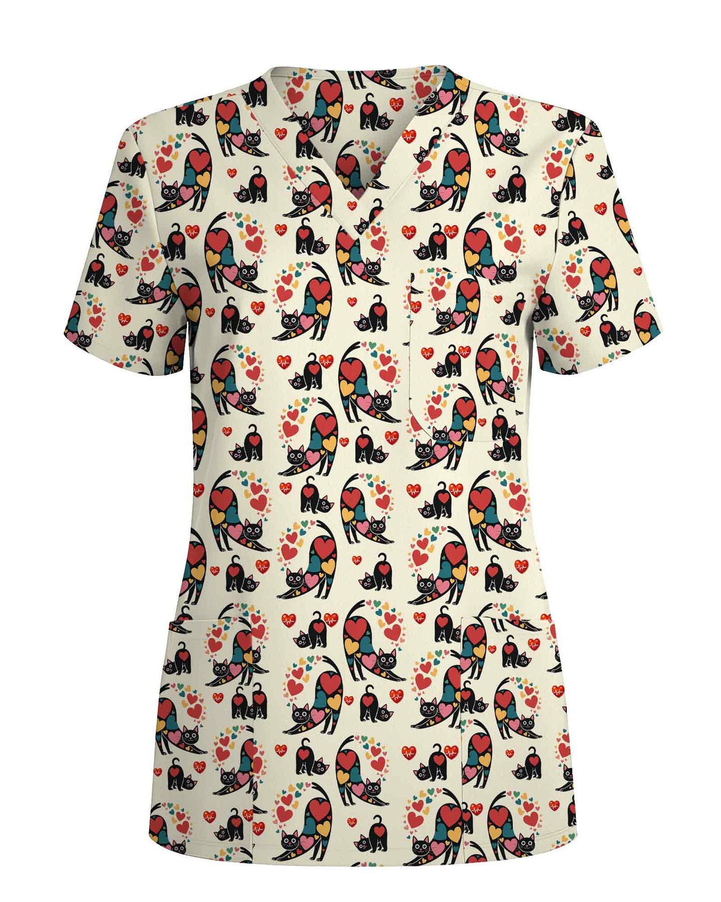 Cute Black Cat Heart EKG Scrub Top - Scrubloop