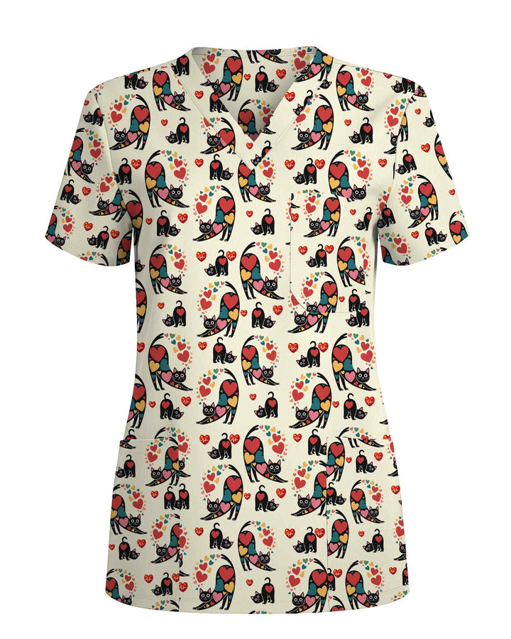 Cute Black Cat Heart EKG Scrub Top