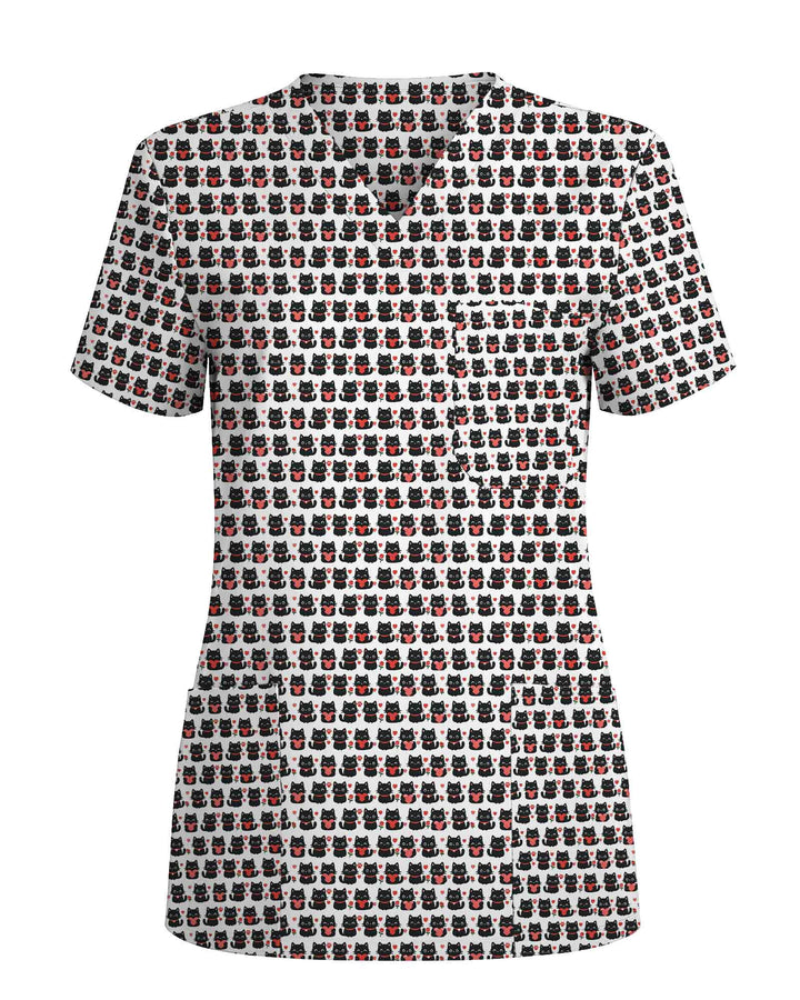 Cute Black Cat Heart Scrub Top