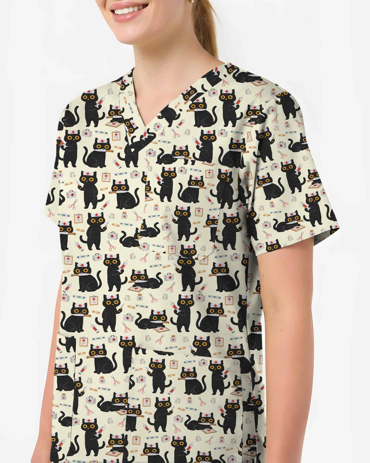 Cute Black Nurse Cats Medical Scrub Top - Scrubloop