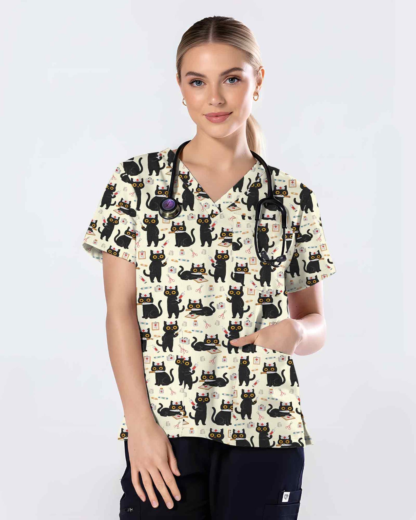 Cute Black Nurse Cats Medical Scrub Top - Scrubloop
