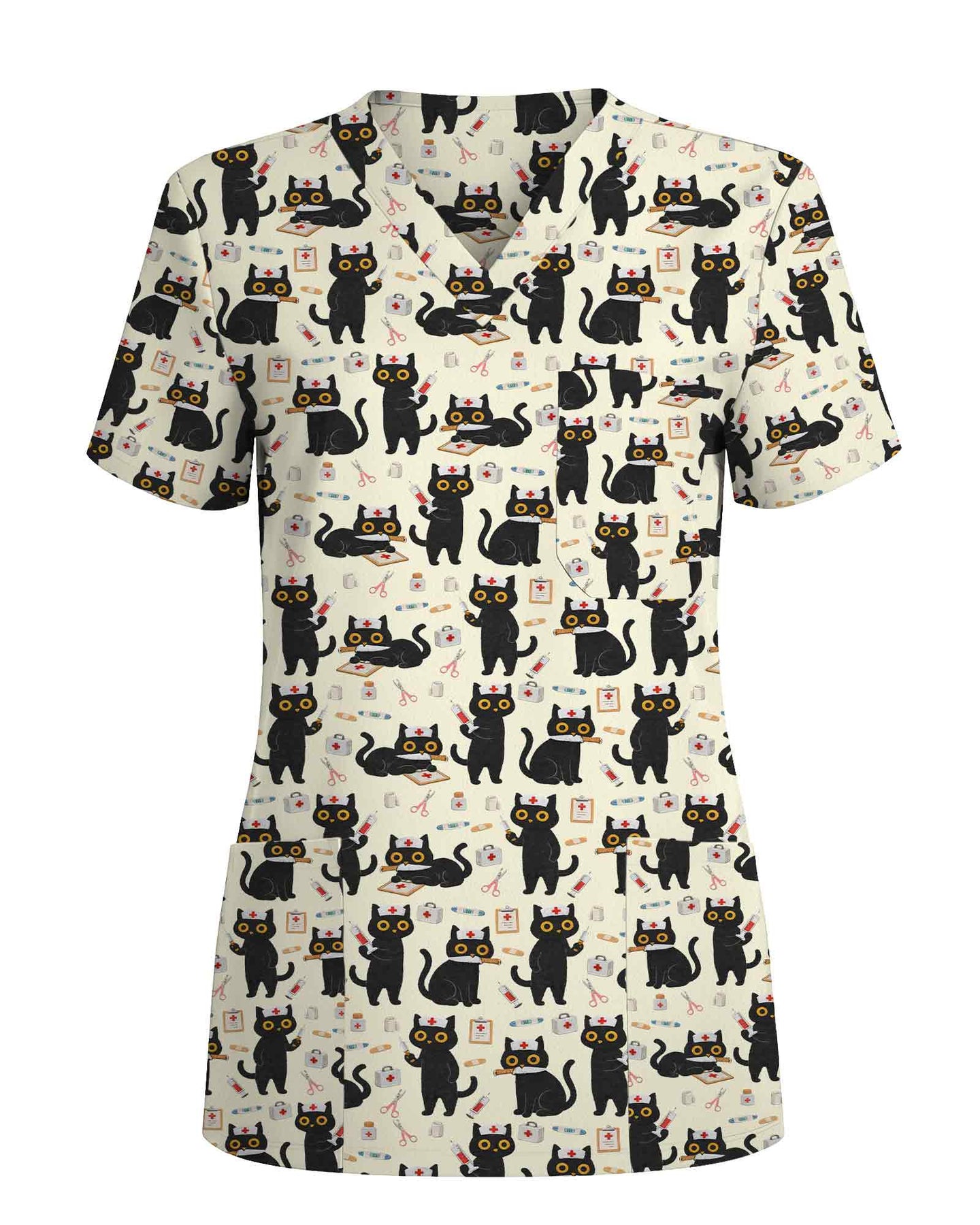 Cute Black Nurse Cats Medical Scrub Top - Scrubloop