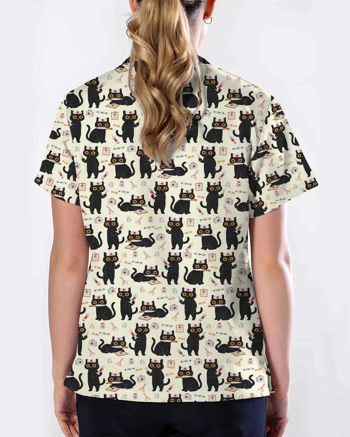 Cute Black Nurse Cats Medical Scrub Top - Scrubloop