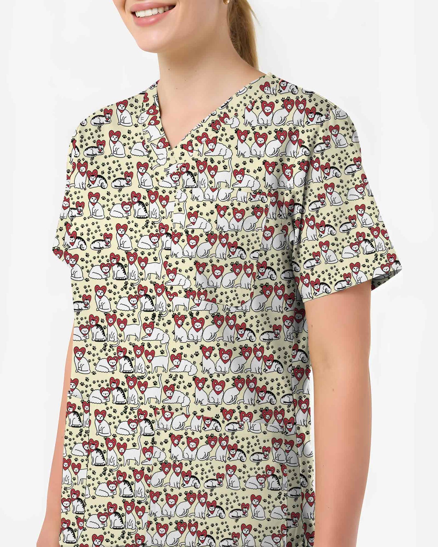 Cute Cat Heart Scrub Top - Scrubloop