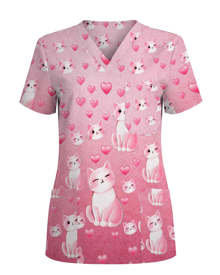 Cute Cats and Hearts Valentine Scrub Top