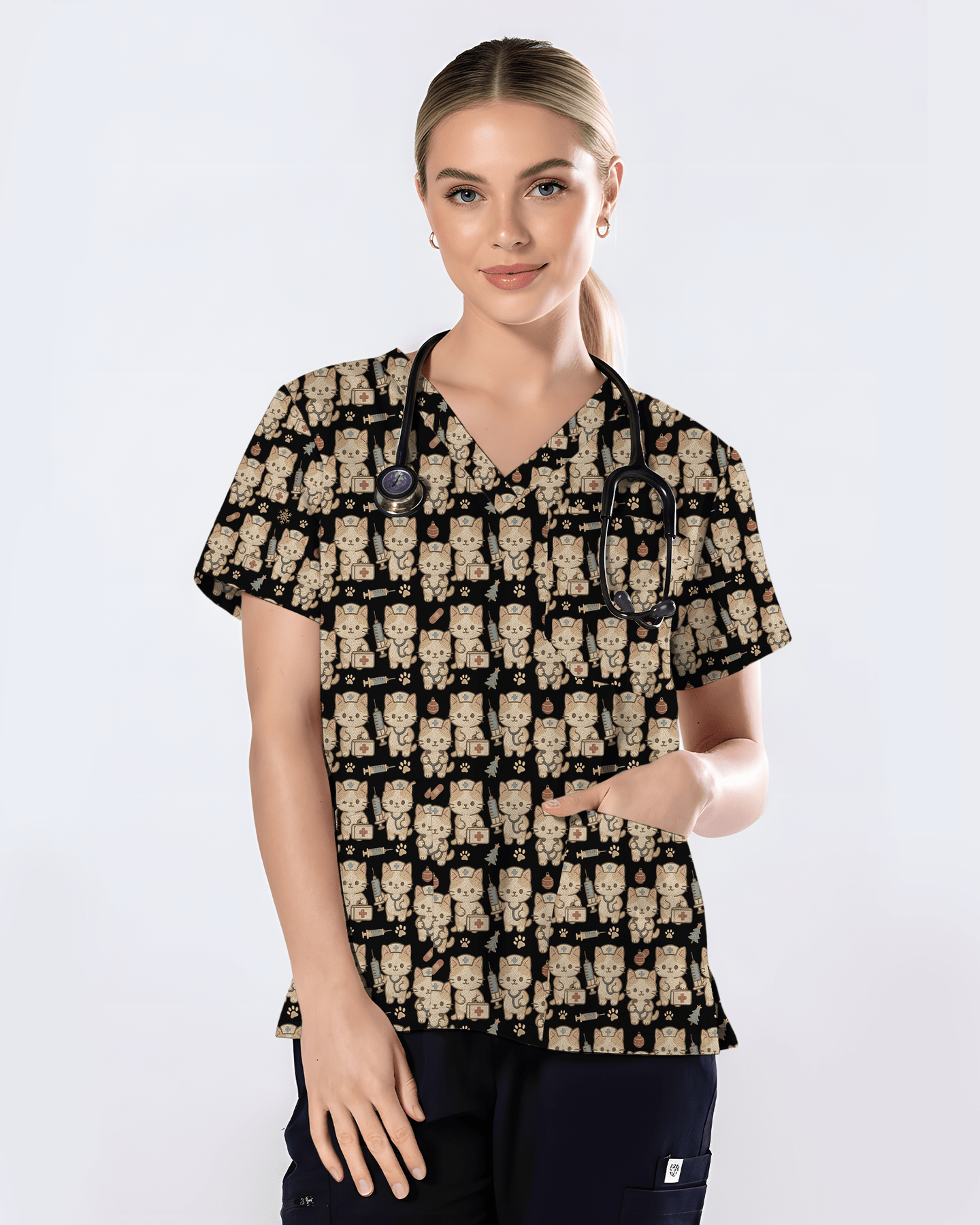 Cute Chibi Cat Christmas Medical Nurse Scrub Top - Scrubloop
